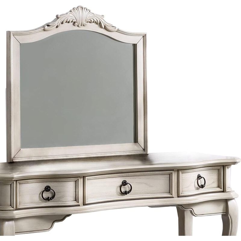 Contemporary Antique White Color Vanity Set w Stool Retro Style Drawers cabriole-tapered legs Mirror w floral crown molding Bedroom Furniture