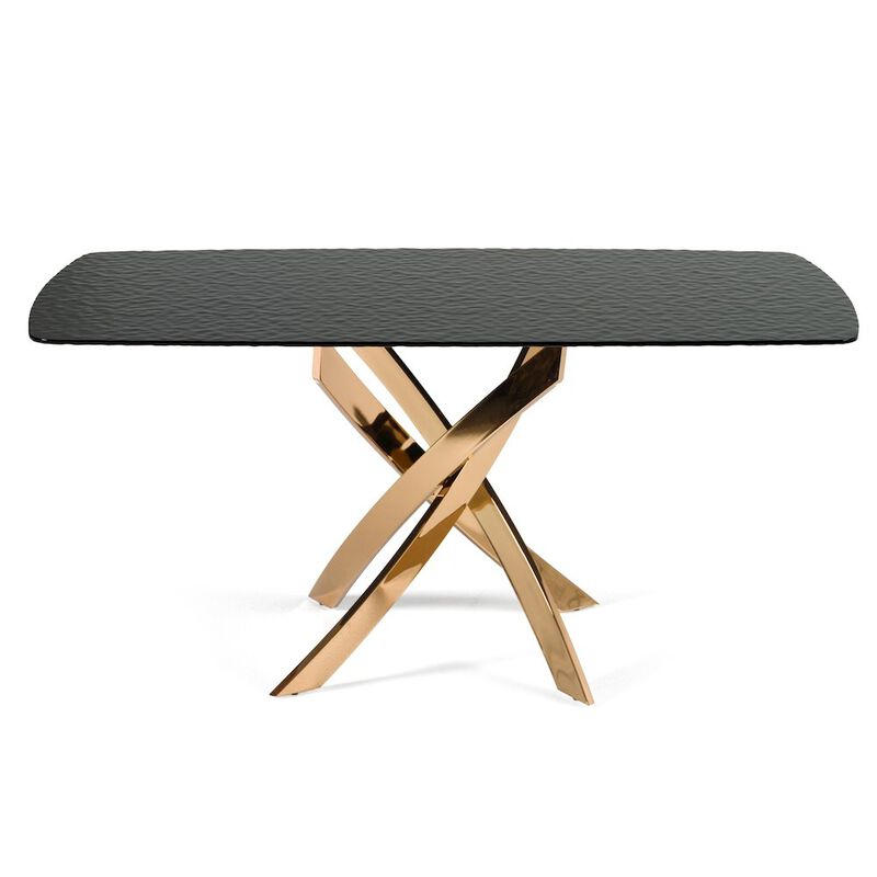 Modrest Pyrite - Modern Brown Glass + Rosegold Rectangular Dining Table