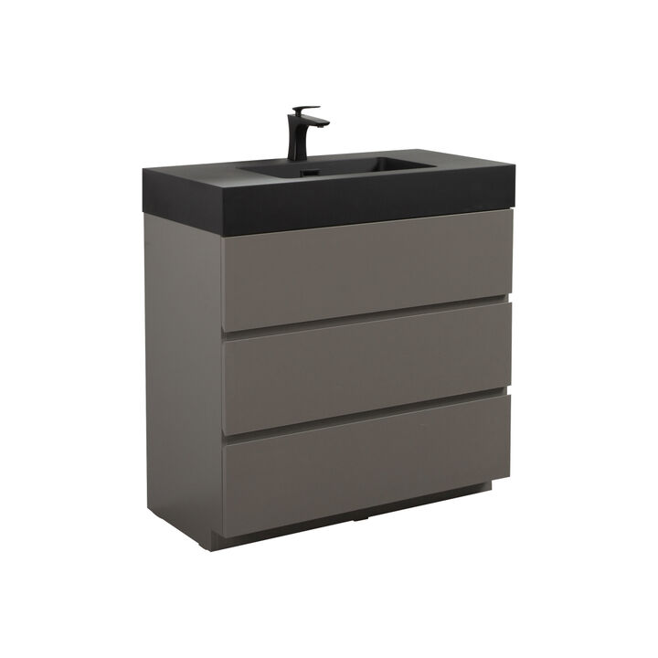 Alice 36" Gray Bathroom Vanity with Sink, Large Storage Freestanding Bathroom Vanity for Modern Bathroom, One-Piece Black Sink Basin without Drain and Faucet