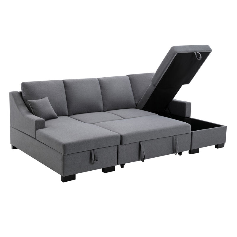 Upholstered Sleeper Sectional Sofa with Double Storage Spaces, 2 Tossing Cushions, Grey