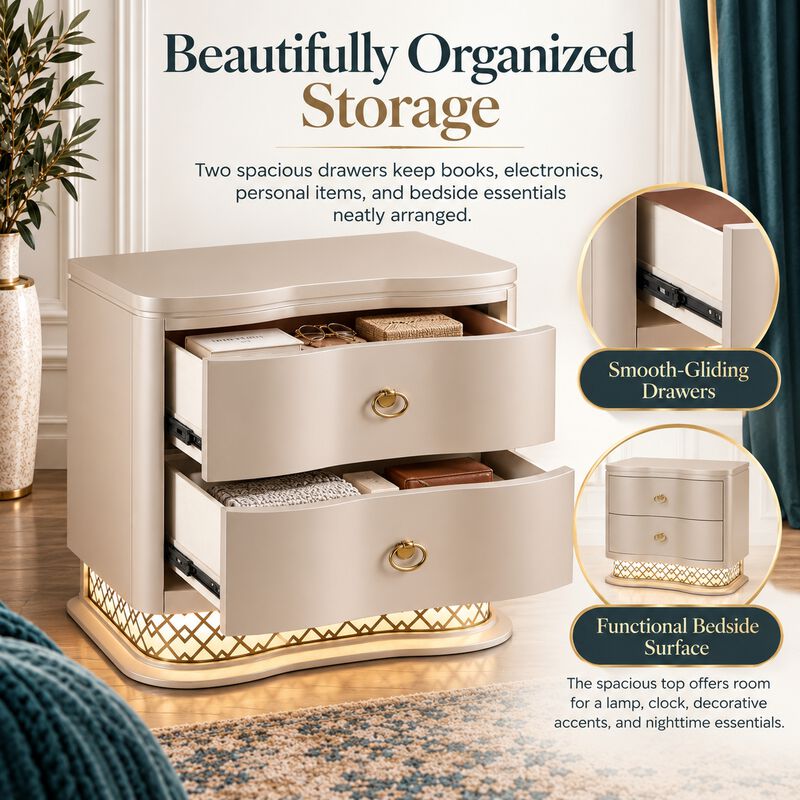Caspique Curved 2-Drawer LED Nightstand image number 4