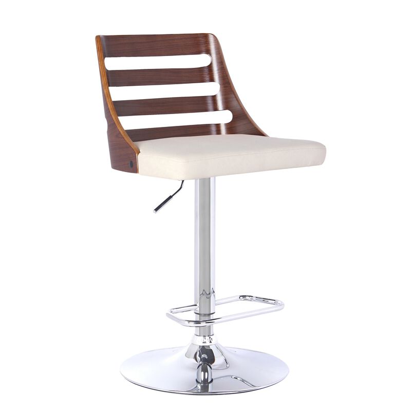 Swivel Wooden Cut Out Back Barstool with Pedestal Base, Cream and Chrome - Benzara
