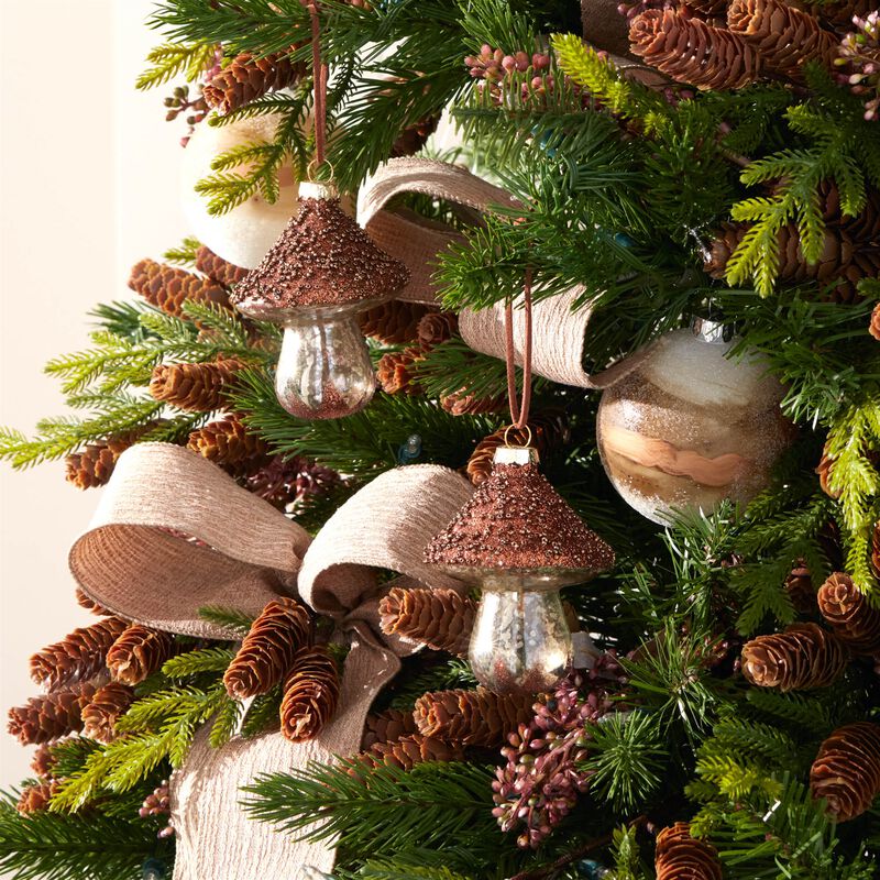 Holiday Ornaments Set of 6 Glass Mushrooms with Beaded Detail for Tree Styling