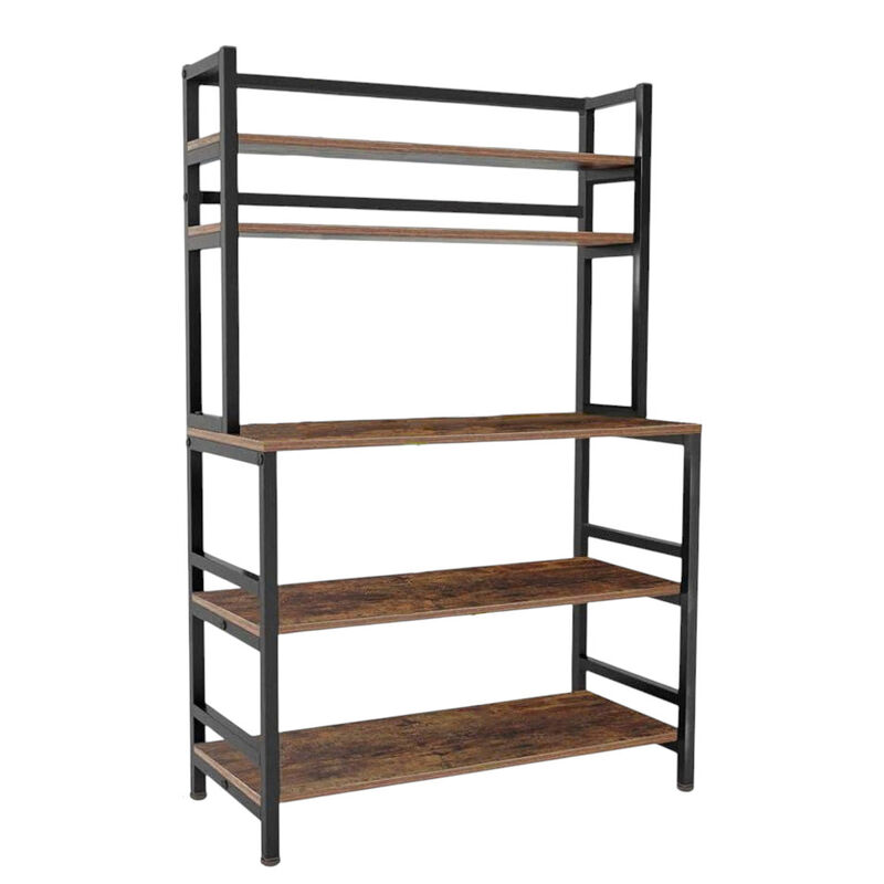 Industrial Modern Kitchen Bakers Rack Woodgrain Sturdy Metal Frame