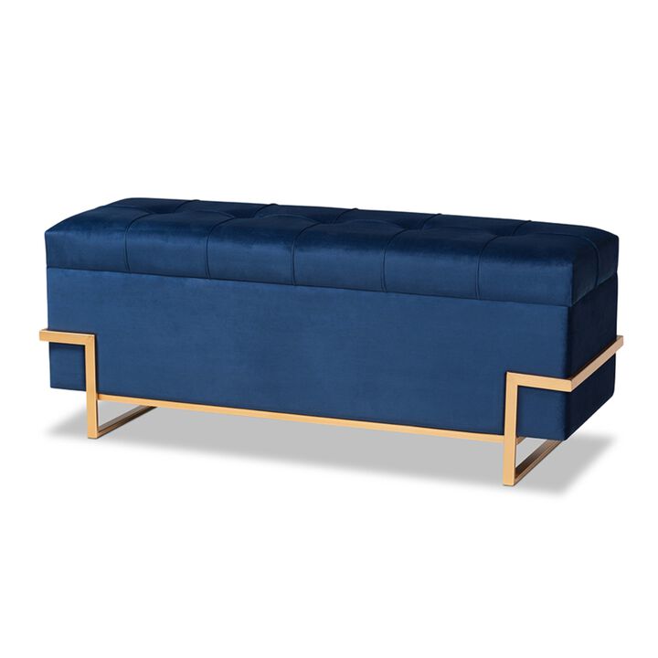 Baxton Studio Parker Glam and Luxe Navy Blue Velvet Upholstered and Gold Metal Finished Storage Ottoman
