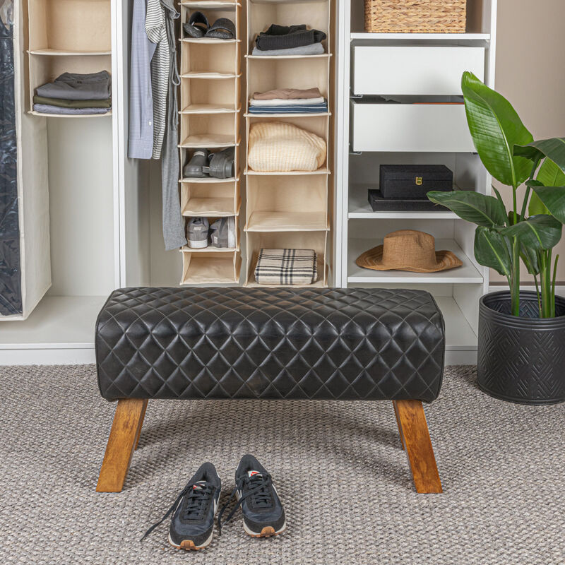 Stitched Leather and Wood Bench, Camel and Natural image number 8