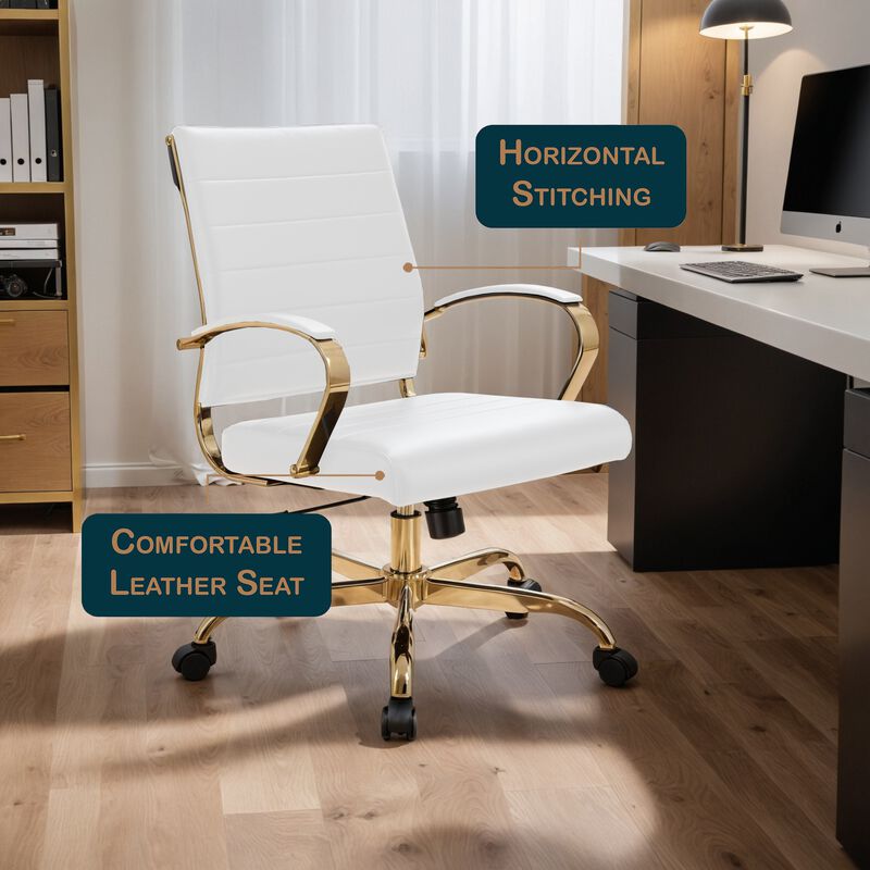 LeisureMod Benmar Leather Office Chair with Gold Accents, Adjustable Height, Swivel Base, Ergonomic Design for Home Office, Study, or Workspace