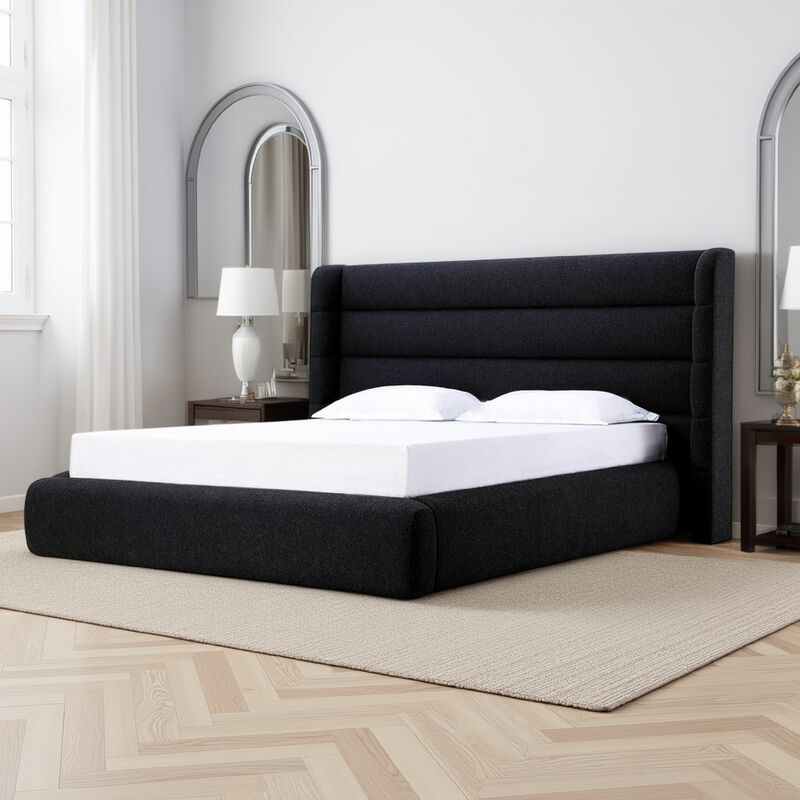 Mase Queen Platform Bed, Boucle Upholstery, Wingback Headboard, Gray - Benzara