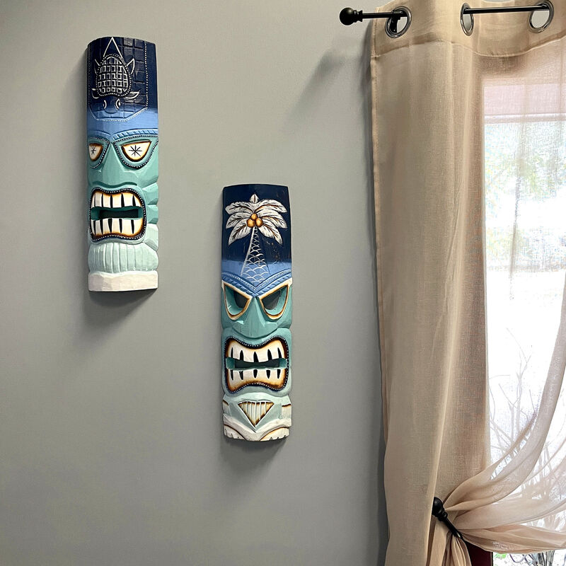 Set of 2 - 20" Blue & Green Tiki Masks Wood Wall Decor Indoor/Outdoor Accent image number 9