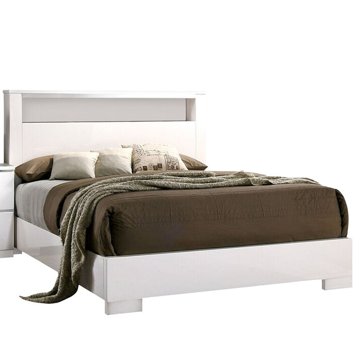 Cari Four Pc Queen Bedroom Set, LED Headboard with Shelf, White Wood, Chrome Stripes - Benzara