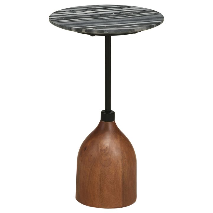Side End Drink Table, Round Gray White Marble Top, Pedestal Base 14x14x24 - Benzara