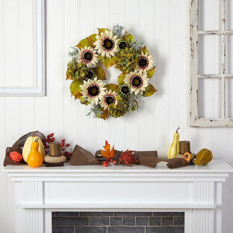 Nearly Natural 24-in White Sunflower and Hydrangea Artificial Autumn Wreath
