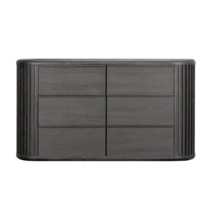 Sheim Wide Dresser, Modern Fluted Reeded Black Solid Acacia Wood - Benzara