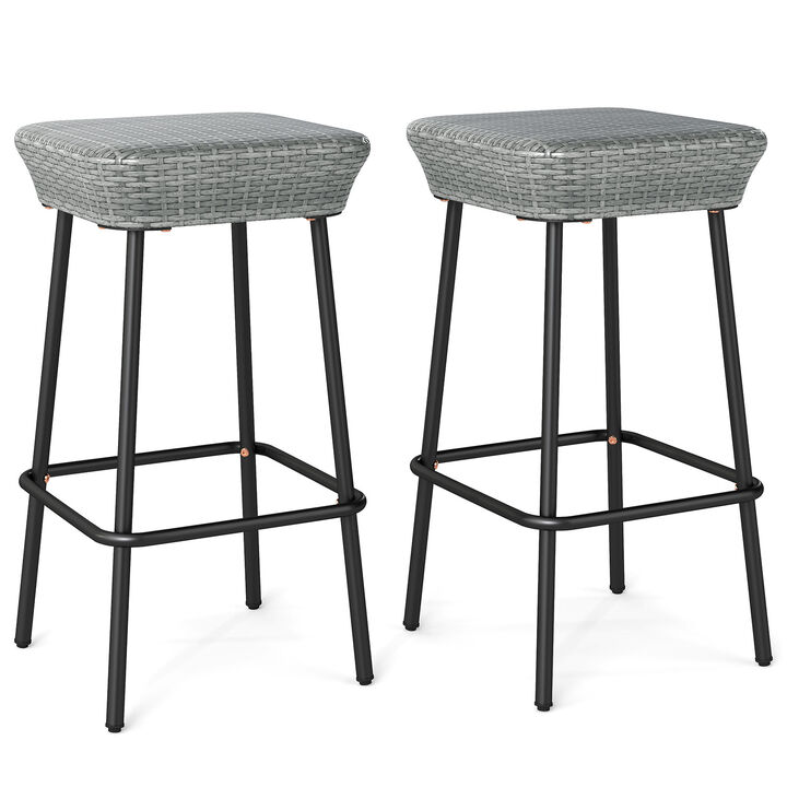 Modern Patio Bar Stools with Rattan Seat and Ergonomic Footrest – Set of 2