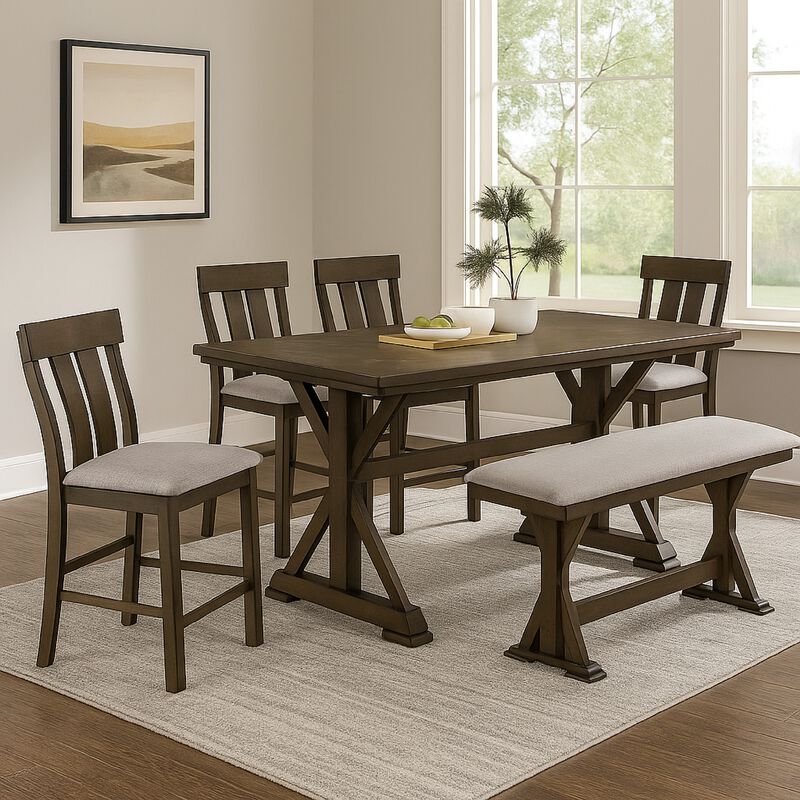 Omal Counter Height Dining Chair Set of 2, Brown Slatted Back, Gray Fabric image number 1