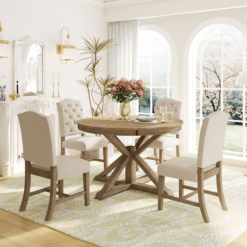 Whisen Retro Style Dining Table Set with Extendable Table and 4 Upholstered Chairs - Off-white