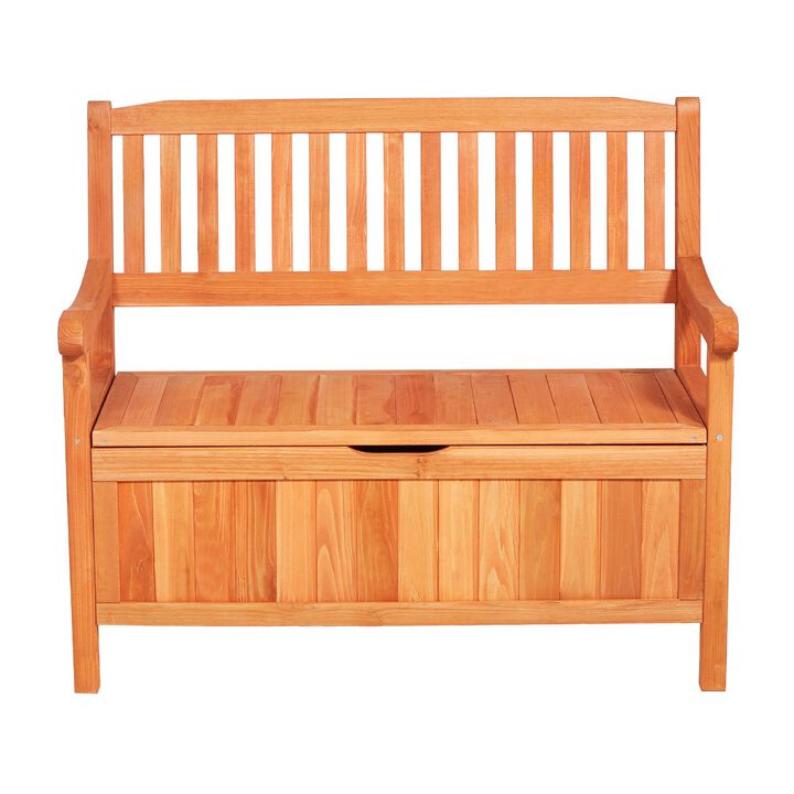 Outdoor Storage Bench, 2-Person Wooden Deck Box with Side Handles, Weatherproof
