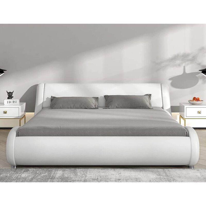 Hivvago Queen Modern White Faux Leather Upholstered Platform Bed Frame with Headboard