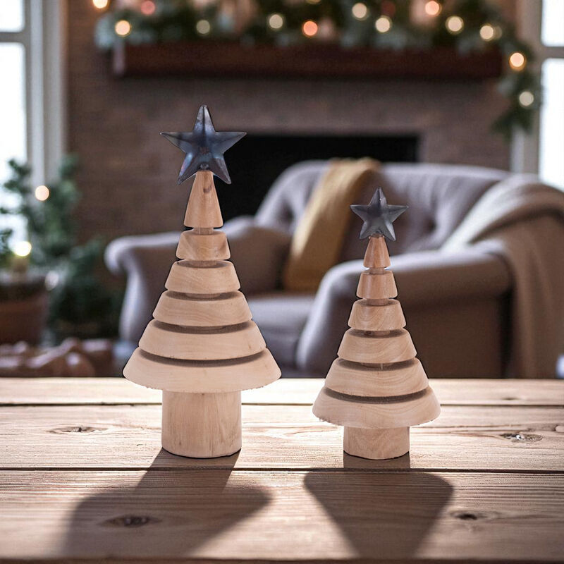 Set of 2 Natural Wood Christmas Trees with Metal Stars &ndash; Rustic Holiday Tabletop Decorations for Farmhouse or Winter Home D&eacute;cor