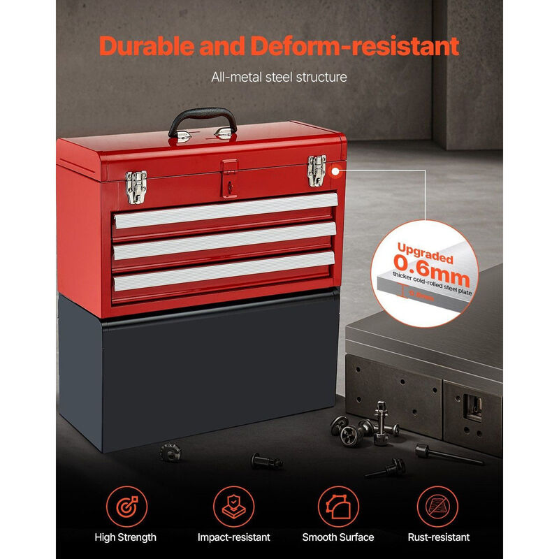 Metal Tool Box with 3 Drawers, Locking Small Tool Chest with EVA Lined Storage-Red image number 7