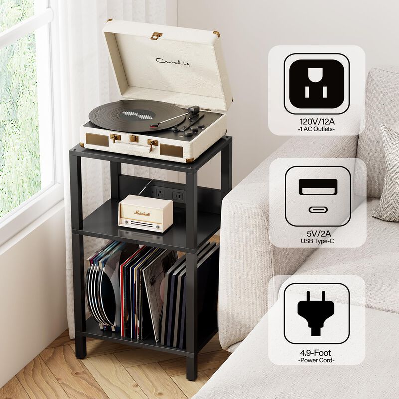 TUTOTAK Record Player Stand with Storage Up to 100 Albums,Record Storage Table,3 Tier End Table with Charging Station,Side Table