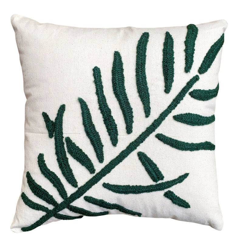 17 x 17 Inch 2 Piece Square Cotton Accent Throw Pillow Set, Leaf Embroidery, White, Green, Yellow