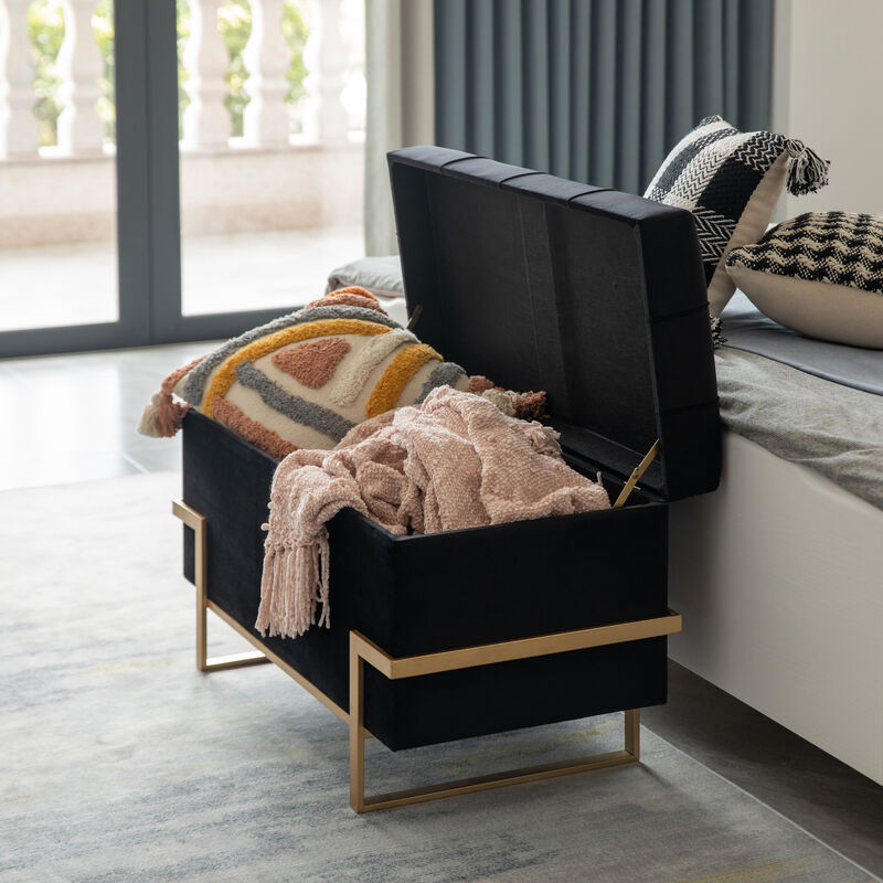 Rectangle Velvet Storage Ottoman Stool Box with Abstract Golden Legs | Decorative Sitting Bench for Living Room Home Decor with Unique Base Support (Black Large)