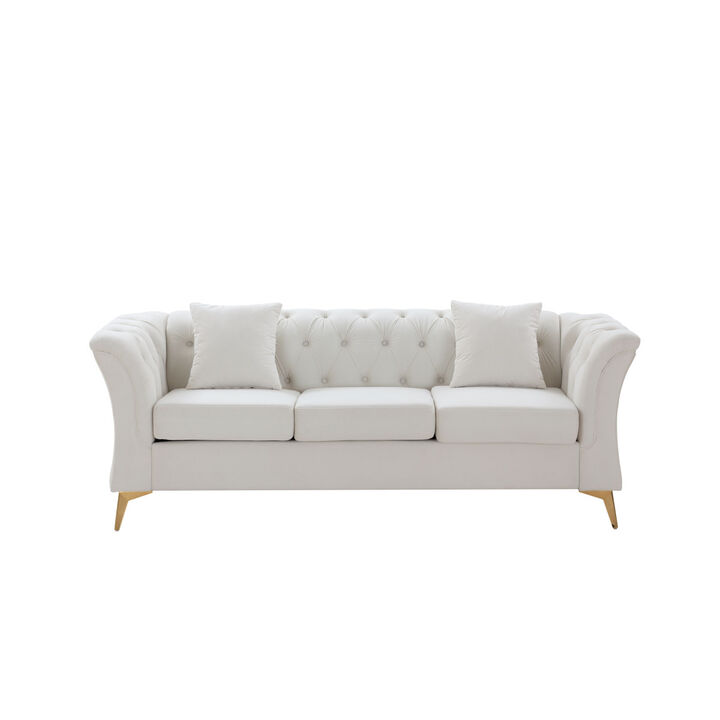 Modern Chesterfield Curved Sofa Tufted Velvet Couch 3 Seat Button Tufted Loveseat with Scroll Arms and Gold Metal Legs for Living Room Bedroom Beige
