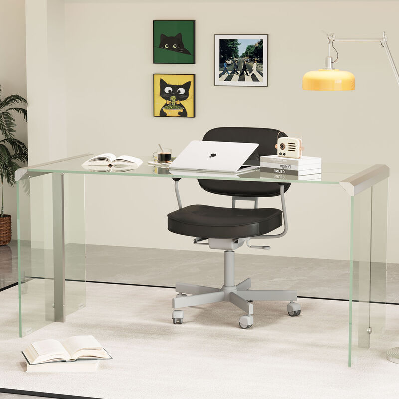 Tempered Clear Glass Writing Desk with Metal Frame for Living Room & Bedroom 71.2" image number 3