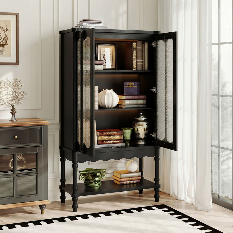 FUFU&GAGA Solid Wood Legs Bookcase Bookshelf with Tempered Glass Doors and Built-In Warm Lighting, Handmade Painted Finish (34.6"W x 15.4"D x 62.8"H) image number 2