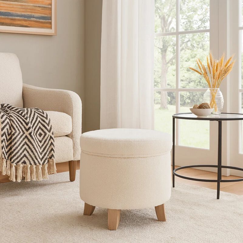 Loni Round Storage Ottoman, 19 Inch Beige Faux Sheepskin, Wood Legs image number 1