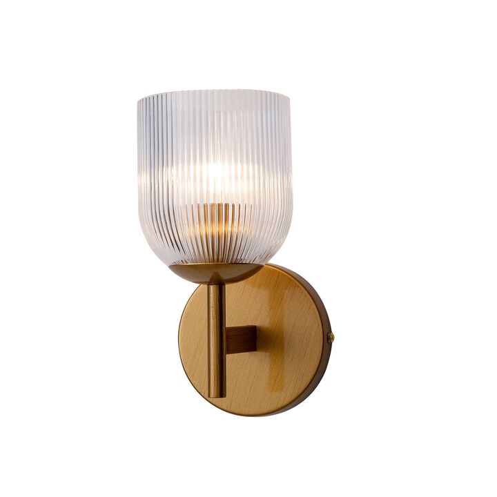 Alda 1 Light Mini Clear Ribbed Glass Shade Wall Sconce - Medium‑gloss Brushed Brass Finish
