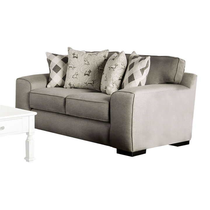Edison Loveseat, Gray Fabric, 4 Throw Pillows, Track Arms, 75 Inch - Benzara - Benzara