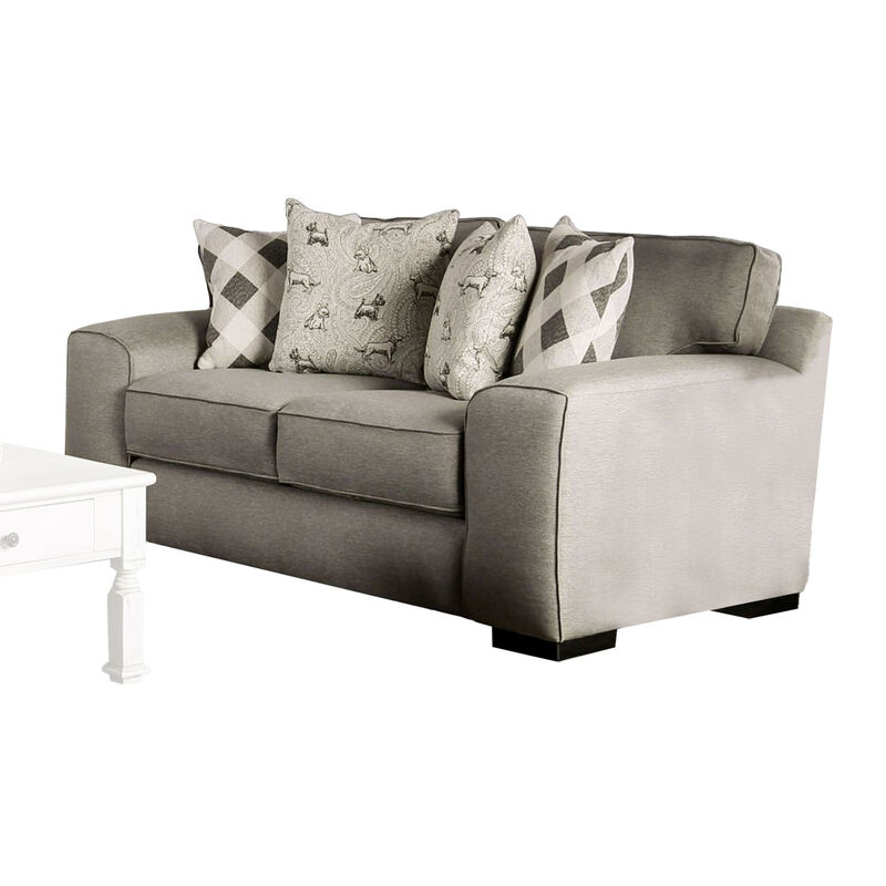 Edison Loveseat, Gray Fabric, 4 Throw Pillows, Track Arms, 75 Inch - Benzara - Benzara