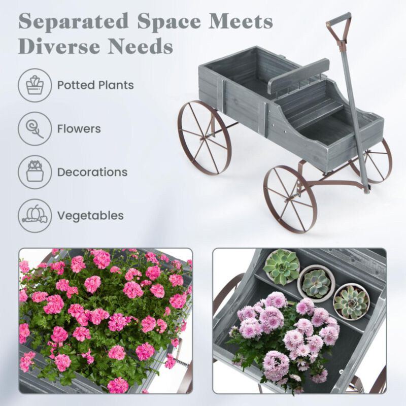Hivvago Wooden Wagon Plant Bed with Metal Wheels for Garden Yard Patio