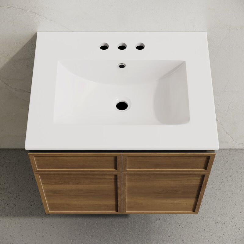 24" Wall-Mounted Bathroom Vanity in Brown Oak with 3-Hole Centerset Sink Top image number 2