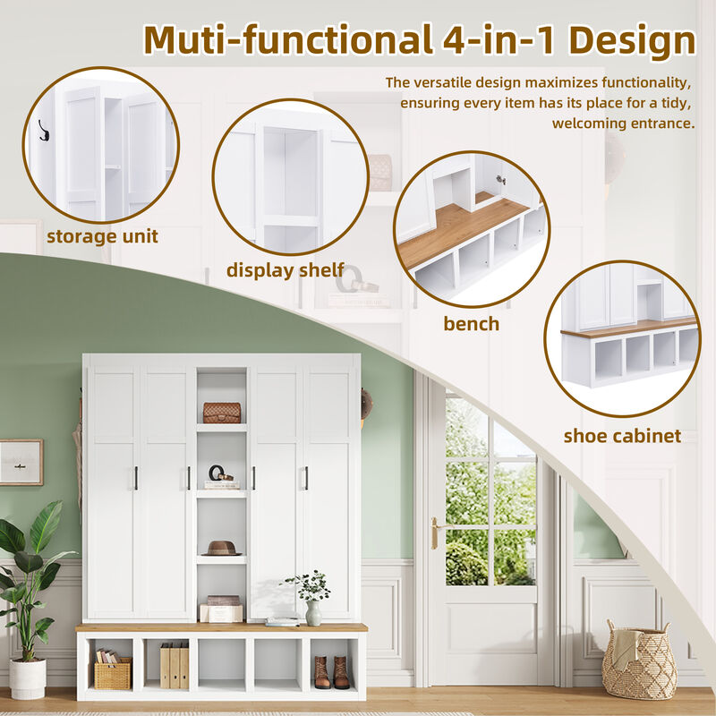 Merax Farmhouse 4-in-1 Hall Tree 6 Hanging Hooks, Wood Grain Bench | Shoe Cabinet with Open Storage