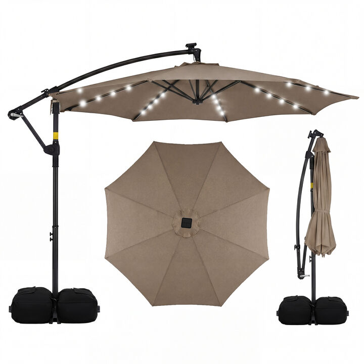 10 FT Solar LED Offset Cantilever Patio Umbrella Hanging Outdoor Market Umbrella