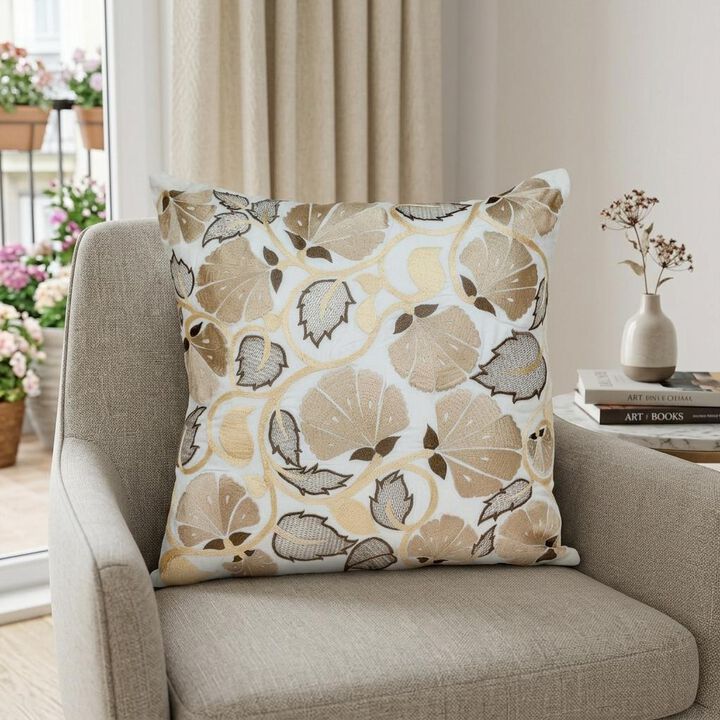 HomeRoots 22" Gold and White Floral Cotton Throw Pillow With Embroidery