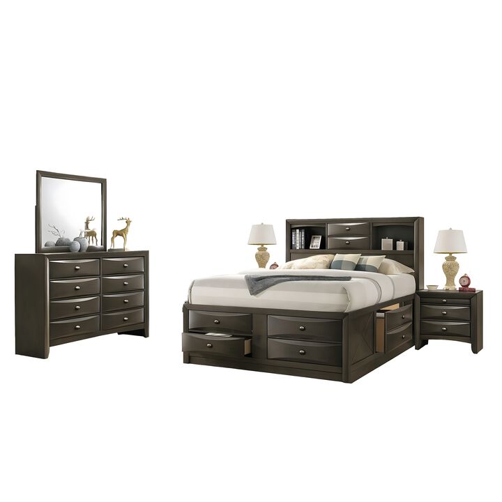 Simo 5pc Queen Bedroom Set w Bookcase Headboard, 2 Nightstands, Gray