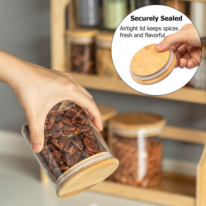 Basicwise Versatile 3-Tier Bamboo Spice Rack and Pantry Organizer with 13 Glass Jars – Perfect for Countertop Storage in Kitchens to Keep  Seasoning Containers Neatly Displayed and Easily Accessible