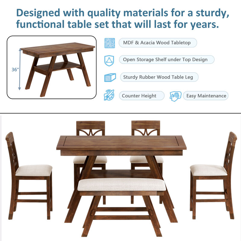 Merax 6-Piece Wood Counter Height Dining Table Set with Storage Shelf