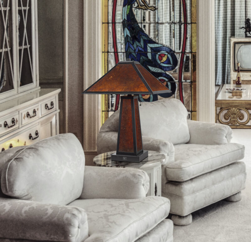 Hivvago 24" Burnt Orange Metal Two Light Table Lamp With Amber Square Shade