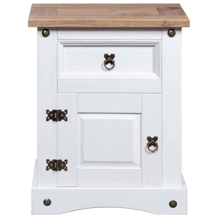 vidaXL Bedside Cabinet in Rustic Mexican 'Corona' Style, Solid Pinewood, White Body with Brown Top, Includes Drawer and Cupboard