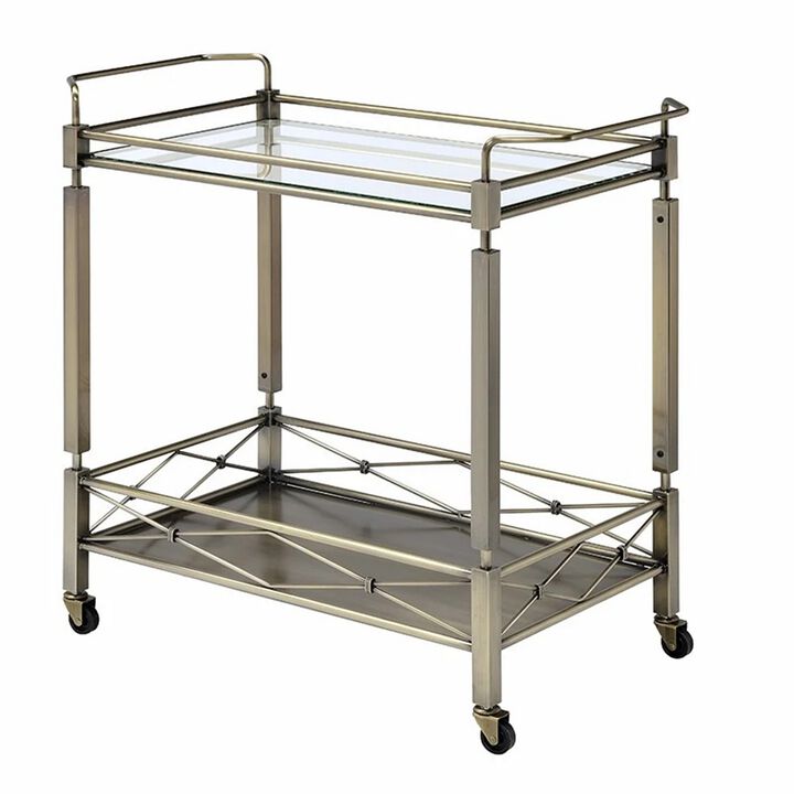 Two Tiered Metal Serving Cart with Glass Shelves and Side Rails, Antique Gold-Benzara