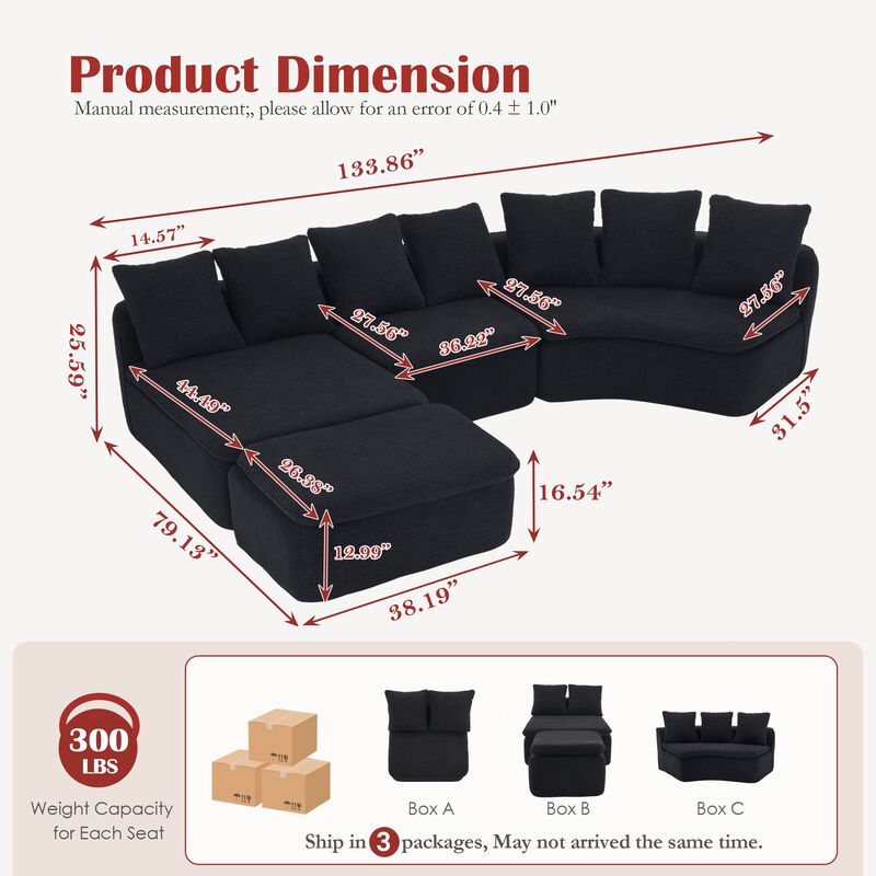 Whisen 133" U-Shaped Modular Sectional Sofa, Chenille Foam with Removable Chaise, No Assembly Required for Living Room image number 9