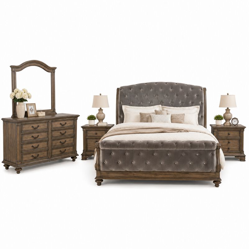 Queen Bedroom Set, Gray, Brown Wood, 5 Piece Set with 2 Nightstands, Dresser, and Mirror image number 0