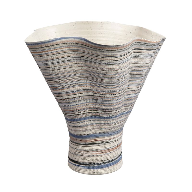 Kerya Decorative Vase, 16 Inch White Blue Striped, Wavy Rim Porcelain