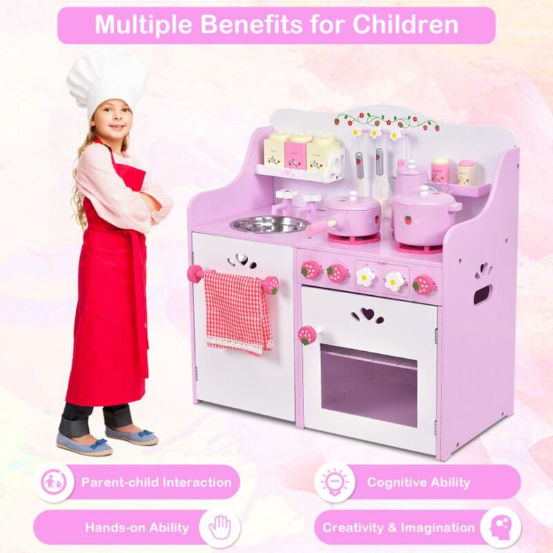 Hivvago Kids Wooden Kitchen Toy Strawberry Pretend Cooking Playset