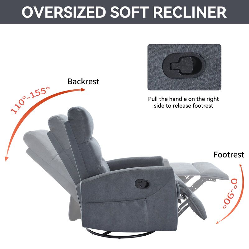 Manual Recliner Chair with Rocker and Swivel in Fabric for Living Room image number 5